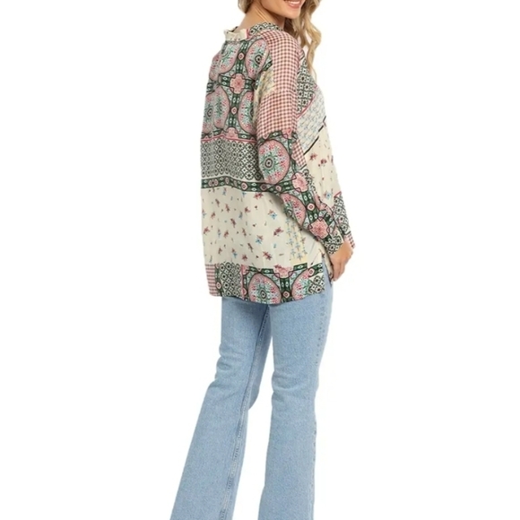 Johnny Was 100% Silk Kimo Iris Button Down Blouse XL Floral Scarf Boho Tunic